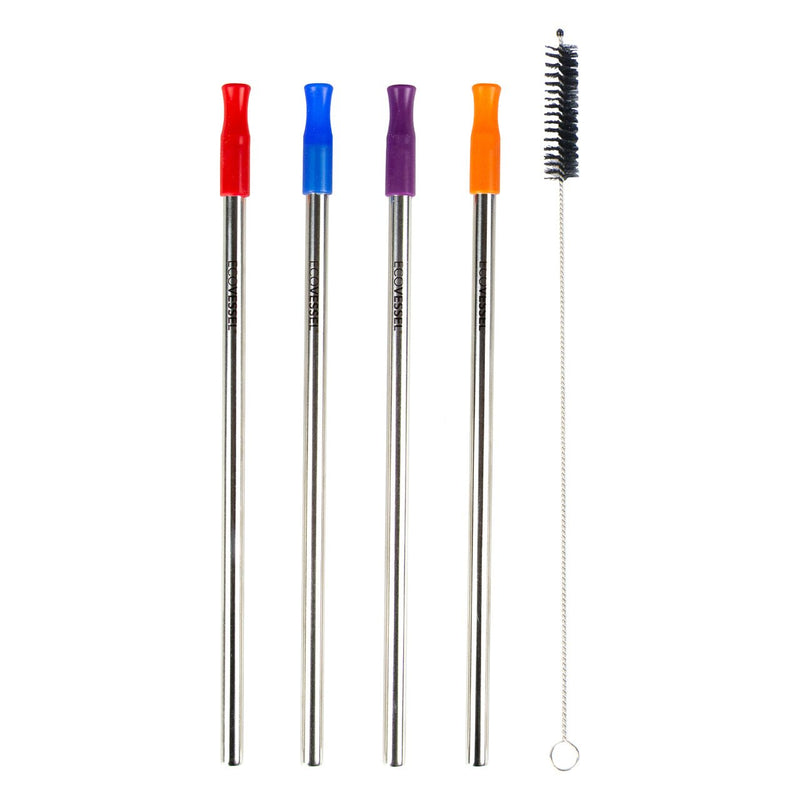 Stainless Steel Set of 4 Straws W- Silicone Tips & Cleaning Brush (EcoVessel)