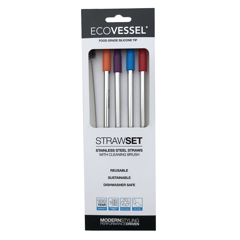 Stainless Steel Set of 4 Straws W- Silicone Tips & Cleaning Brush (EcoVessel)